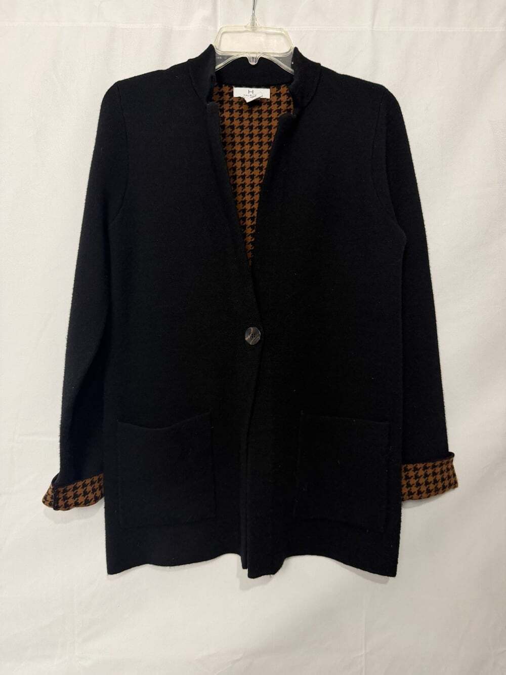 H By Halston Black Knit Cardigan Coat Jacket Houndstooth Trim Brown Sz Medium